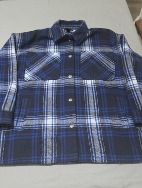 Divided Blue and White Plaid Snap Shirt Jacket